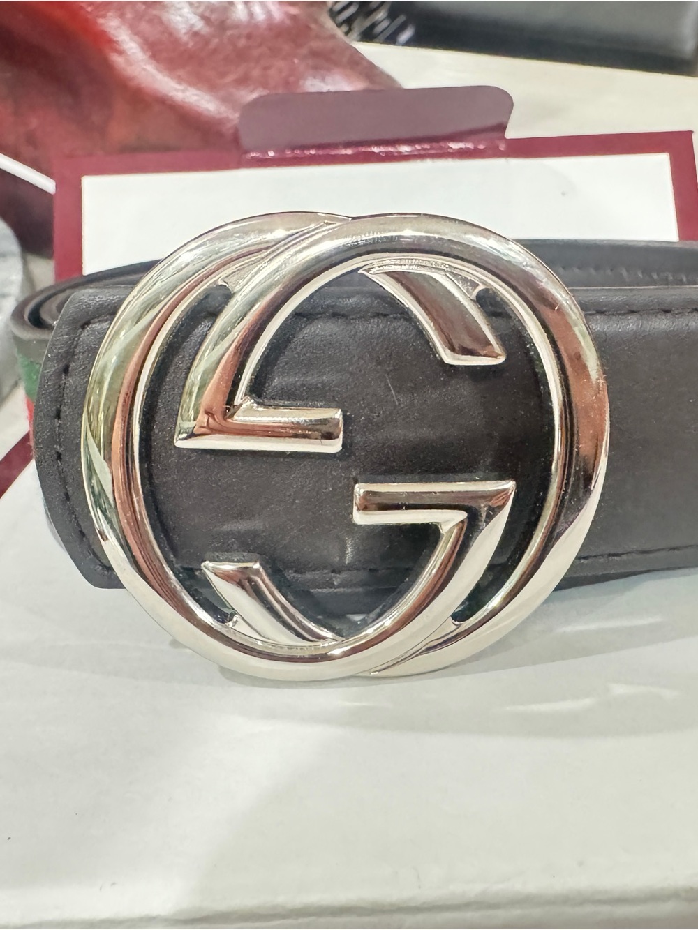 Gucci Black Leather Belt with Red & Green Web and Silver Double G Buckle - Picture 3 of 3
